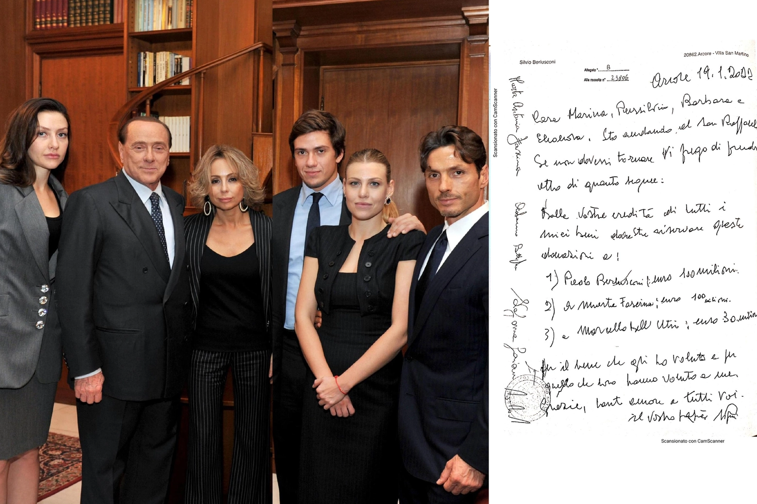 Silvio Berlusconi con i figli, a destra l'ultimo testamento (Ansa)